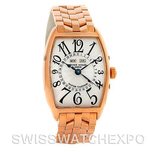 This is a frontal view of the Franck Muller Men's Rose Gold Silver Dial Men's Rose Gold Silver Dial 18K Rose Gold Master Calendar 2852MC watch, showing the dial, case, and bracelet.