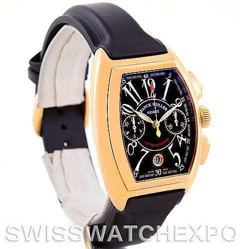 The image shows a Franck Muller 8000 SC Men's Yellow Gold Black Dial 8000 SC Men's Yellow Gold Black Dial Conquistador Chrono 18K Yellow Gold Watch 8000 SC from a three-quarter angle, displaying its face, case, and black strap.