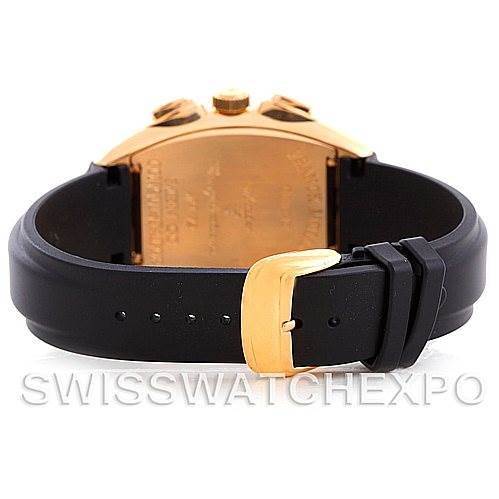 The image shows the rear view of the Franck Muller 8000 SC Men's Yellow Gold Black Dial 8000 SC Men's Yellow Gold Black Dial Conquistador Chrono 18K Yellow Gold 8000 SC watch, highlighting its black strap and gold buckle.