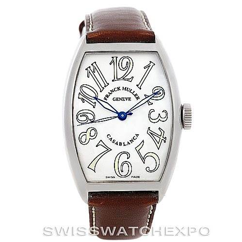 This image shows a front view of the Franck Muller Casablanca 5850 Men's Stainless Steel Silver Dial 5850 Men's Stainless Steel Silver Dial watch, displaying its white dial, blue hands, and brown leather strap.