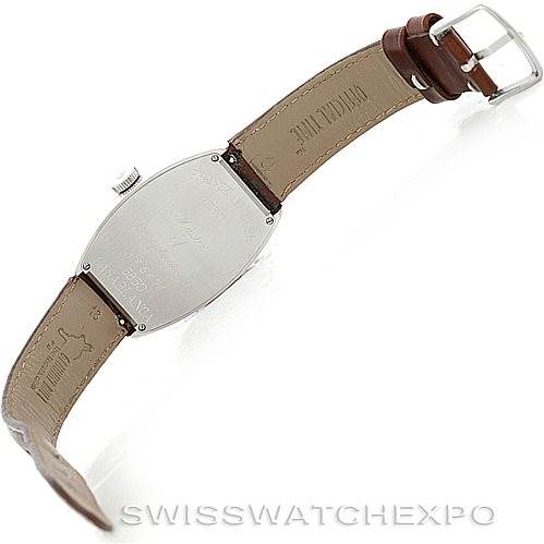 This image shows the back view of the Franck Muller Casablanca 5850 Men's Stainless Steel Silver Dial 5850 Men's Stainless Steel Silver Dial watch, highlighting the case back, strap, and buckle.