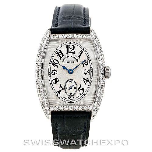 This image shows a frontal view of the Franck Muller 7502 S6 D Women's White Gold Silver Dial 7502 S6 D Women's White Gold Silver Dial Chronometro 7502 S6 D 18K White Gold Diamond Watch, highlighting its dial and bezel.