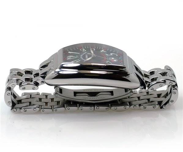 The image shows a side view of the Franck Muller Cintree Curvex 3445-6 Men's Yellow Gold Silver Dial 3445-6 Men's Yellow Gold Silver Dial watch, highlighting its case and metal bracelet.