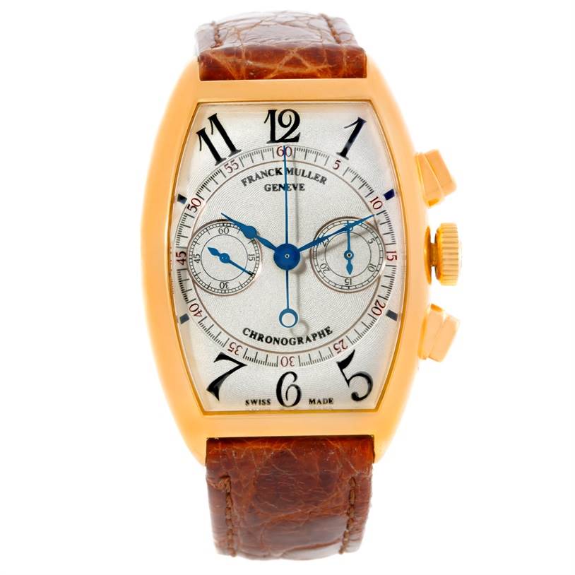 This image shows the front view of the Franck Muller 5850 CC Men's Yellow Gold Silver Dial 5850 CC Men's Yellow Gold Silver Dial Complications Chronograph 18K Yellow Gold Watch 5850 CC, highlighting its dial and leather strap.