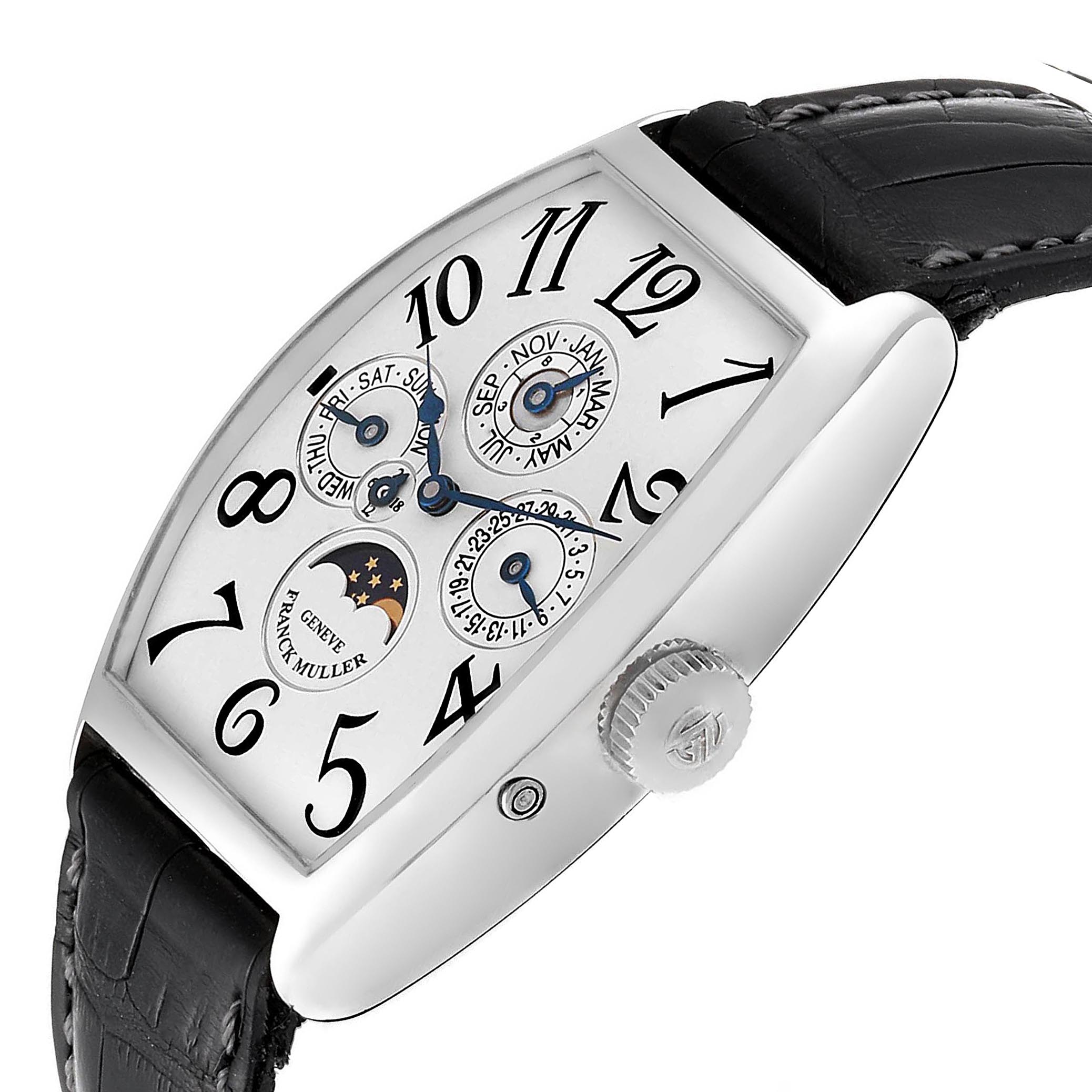 The Franck Muller Casablanca 5850 QP Men's Platinum Silver Dial 5850 QP Men's Platinum Silver Dial watch is shown at a slight angle, highlighting the dial, crown, and a portion of the black leather strap.