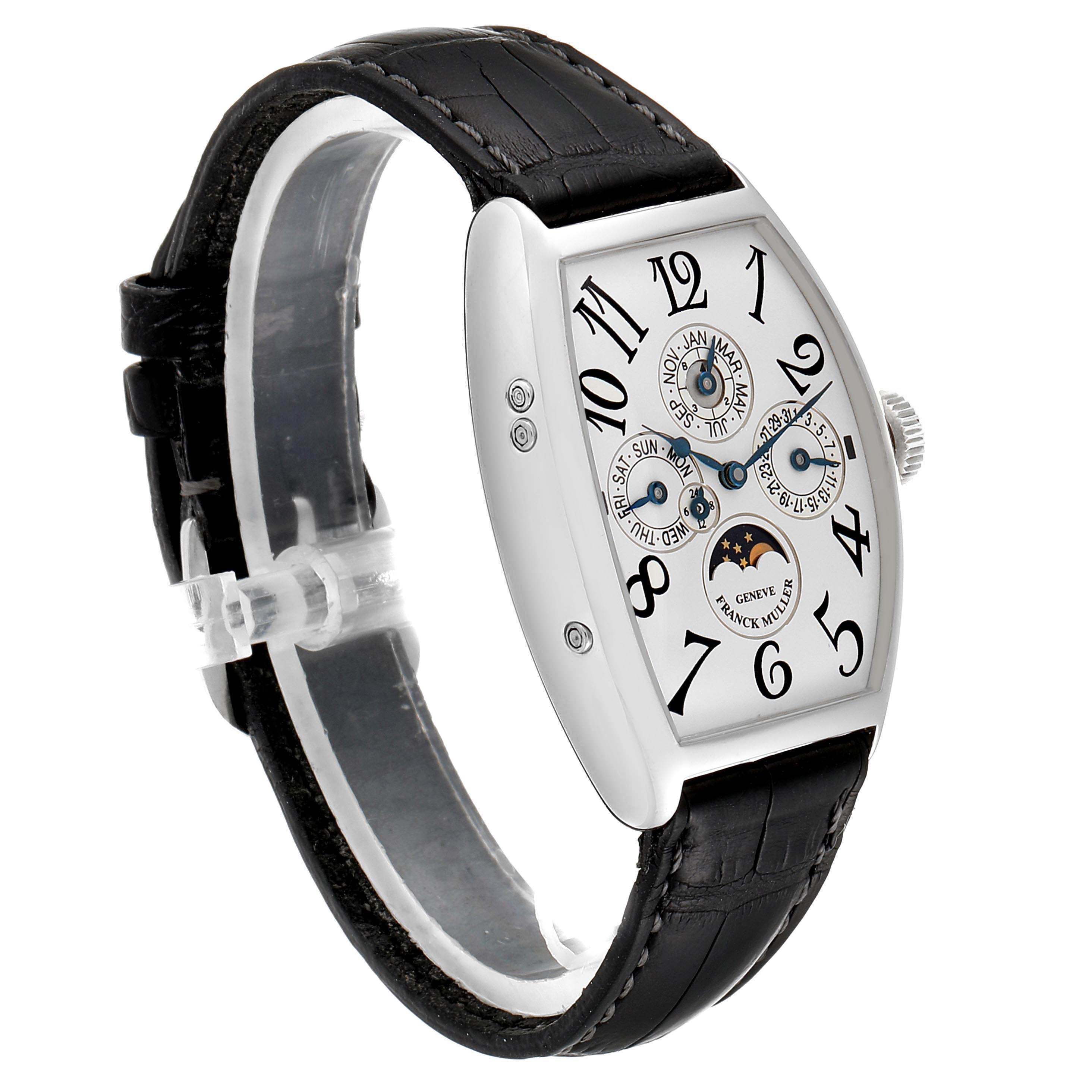 The image shows a Franck Muller Casablanca 5850 QP Men's Platinum Silver Dial 5850 QP Men's Platinum Silver Dial watch from an oblique angle, displaying the dial, case, and black leather strap.