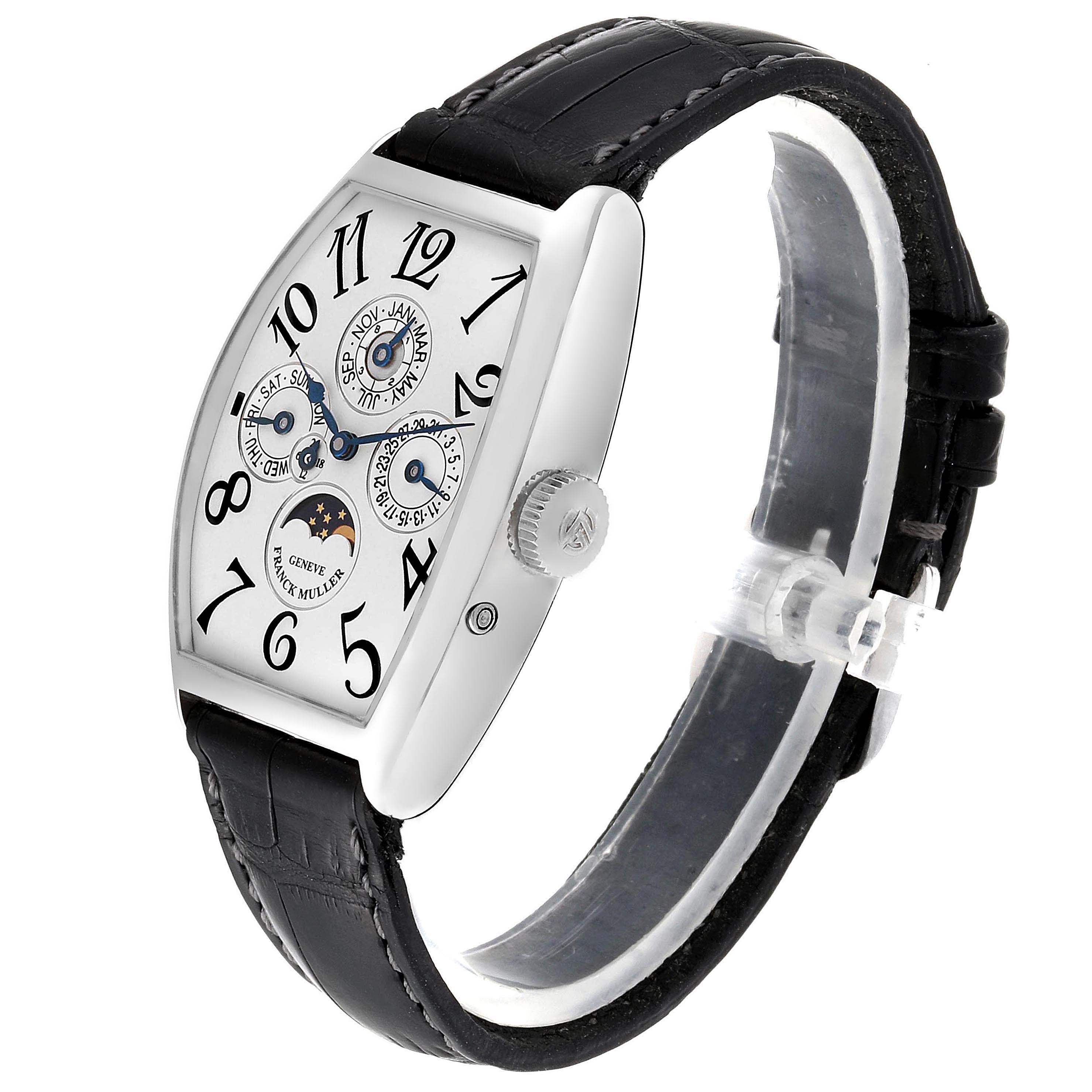 The image shows a Franck Muller Casablanca 5850 QP Men's Platinum Silver Dial 5850 QP Men's Platinum Silver Dial watch from a side angle, highlighting the face, strap, and crown.
