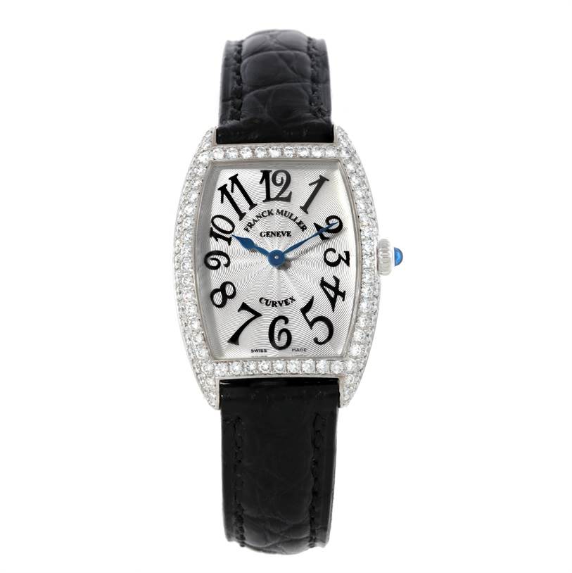 This image shows a front view of the Franck Muller 1752 Women's White Gold Silver Dial 1752 Women's White Gold Silver Dial Cintree Curvex 18K White Gold Diamond Watch 1752 model, displaying the face and strap.