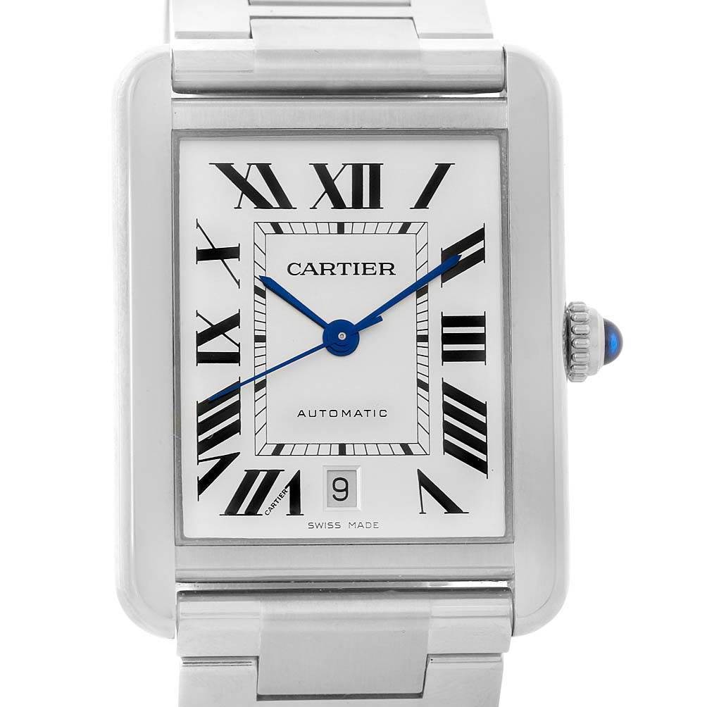 This image shows a frontal view of the Cartier Tank Obus W5200028 Men's Stainless Steel Silver Dial W5200028 Men's Stainless Steel Silver Dial watch highlighting its face, hands, date display, and part of the bracelet.