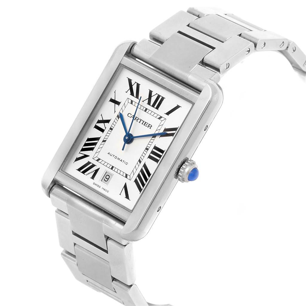 The image shows a front angle of the Cartier Tank Obus W5200028 Men's Stainless Steel Silver Dial W5200028 Men's Stainless Steel Silver Dial watch, highlighting its face, bracelet, and crown.