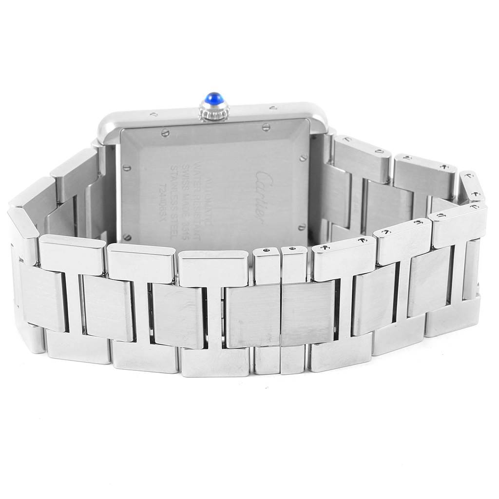The image shows the back of a Cartier Tank Obus W5200028 Men's Stainless Steel Silver Dial W5200028 Men's Stainless Steel Silver Dial watch, highlighting the stainless steel bracelet and case.