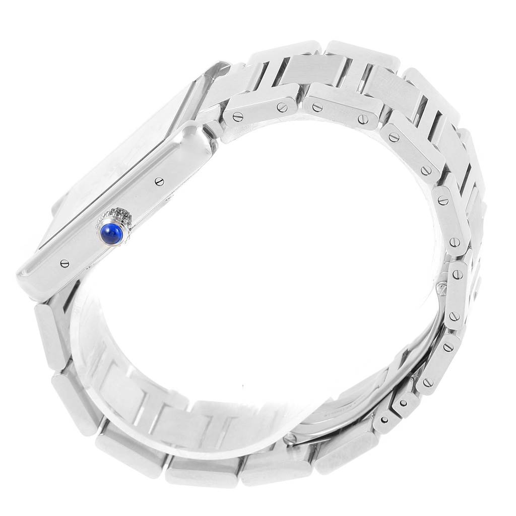 This image shows a side angle of the Cartier Tank Obus W5200028 Men's Stainless Steel Silver Dial W5200028 Men's Stainless Steel Silver Dial watch, highlighting its metal bracelet and crown.