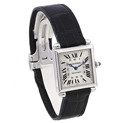 The image shows a Cartier Tank Obus 2380 White Gold Silver Dial 2380 White Gold Silver Dial watch at a slight angle, highlighting its square face with Roman numerals and a black leather strap.