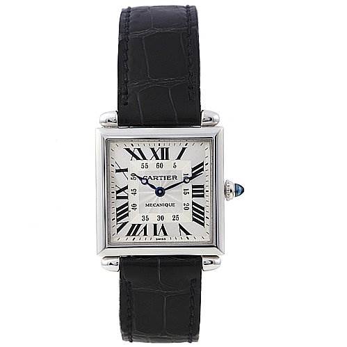 The image shows a frontal view of the Cartier Tank Obus 2380 White Gold Silver Dial 2380 White Gold Silver Dial watch, displaying its dial, case, and strap.
