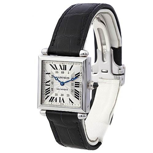 The image shows a Cartier Tank Obus 2380 White Gold Silver Dial 2380 White Gold Silver Dial model watch from an angled front view, highlighting the square face, black strap, and clasp.