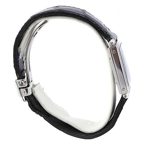 The image shows a side view of the Cartier Tank Obus 2380 White Gold Silver Dial 2380 White Gold Silver Dial watch, highlighting its leather strap and metal case.