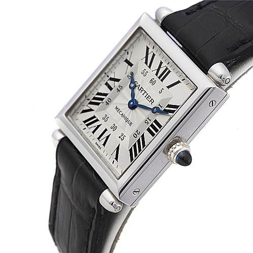 The image shows a Cartier Tank Obus 2380 White Gold Silver Dial 2380 White Gold Silver Dial watch at a three-quarter angle, highlighting its face, crown, and black leather strap.