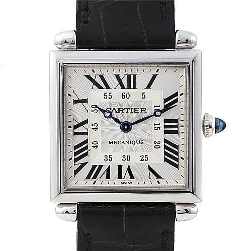 The image shows a front view of the Cartier Tank Obus 2380 White Gold Silver Dial 2380 White Gold Silver Dial watch, detailing the face, Roman numeral markers, and part of the leather strap.