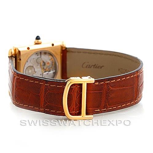 Image shows the Cartier Tank Obus W1527551 Men's Yellow Gold Silver Dial W1527551 Men's Yellow Gold Silver Dial watch from the rear angle, highlighting the strap, clasp, and case back.