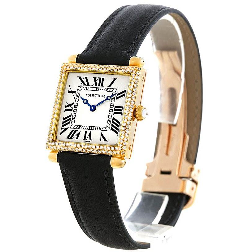 The image shows a Cartier Tank Obus W1512256 Men's Yellow Gold Silver Dial W1512256 Men's Yellow Gold Silver Dial watch at a slight angle, highlighting its face, bezel, and leather strap.