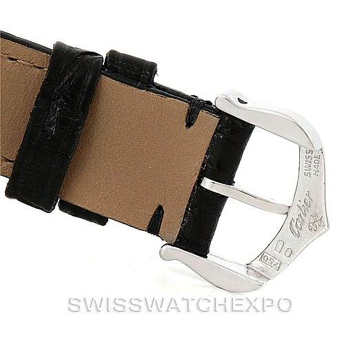 This image shows a close-up of the buckle and strap of a Cartier Tank Obus Men's White Gold Silver Dial Men's White Gold Silver Dial watch, emphasizing the branded buckle.