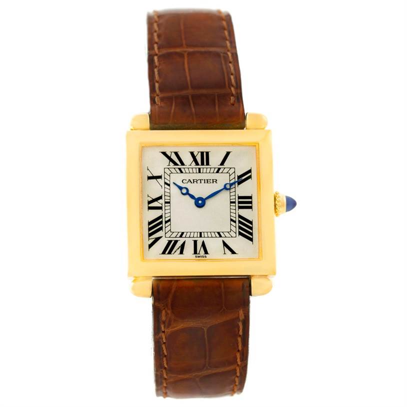 The Cartier Tank Obus 1630 Men's Yellow Gold Silver Dial 1630 Men's Yellow Gold Silver Dial watch is shown from a front angle, highlighting the face, bezel, crown, and leather strap.