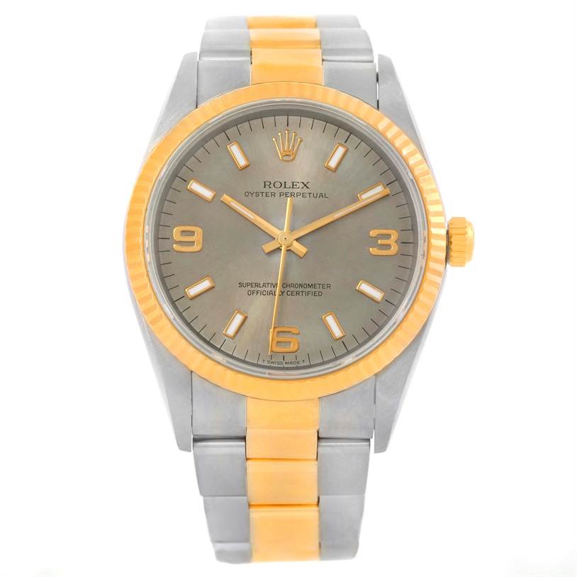 This image shows a front view of a Rolex Oyster Perpetual 14233 Men's Steel and Gold (two tone) Grey Dial 14233 Men's Steel and Gold (two tone) Grey Dial watch, highlighting its dial, bezel, and two-tone bracelet.