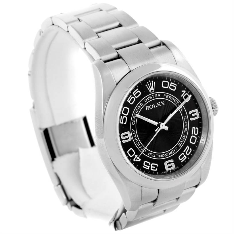 This image shows a side and front angle of a Rolex Oyster Perpetual 116000 Men's Black Dial 116000 Men's Black Dial watch, highlighting its stainless steel bracelet and black dial.