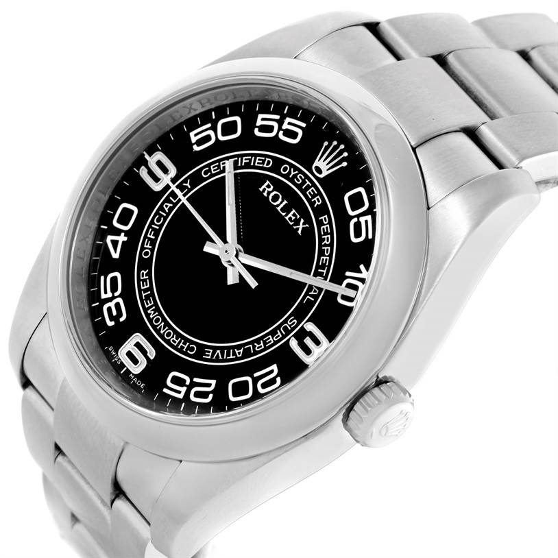 This image shows a close-up of the dial, case, and bracelet of a Rolex Oyster Perpetual 116000 Men's Black Dial 116000 Men's Black Dial watch from a slight angled view.
