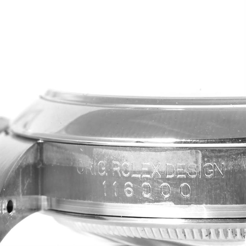 The image shows a side view of a Rolex Oyster Perpetual 116000 Men's Black Dial 116000 Men's Black Dial watch, focusing on the case with "ORG. ROLEX DESIGN 116000" engraved.