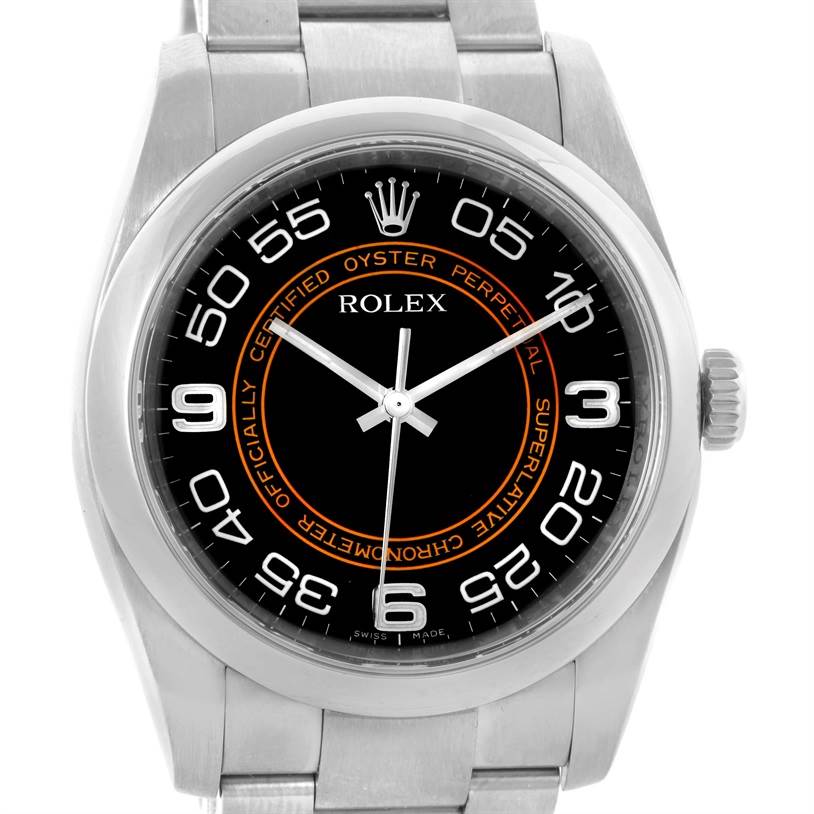 This image shows a front view of the Rolex Oyster Perpetual 116000 Men
s Stainless Steel Black Dial 116000 Men
s Stainless Steel Black Dial watch, highlighting its dial, bezel, and bracelet.