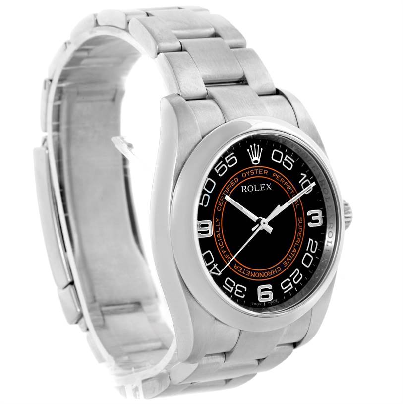 The Rolex Oyster Perpetual 116000 Men
s Stainless Steel Black Dial 116000 Men
s Stainless Steel Black Dial watch is shown from an angled perspective displaying the face, bezel, and part of the bracelet.