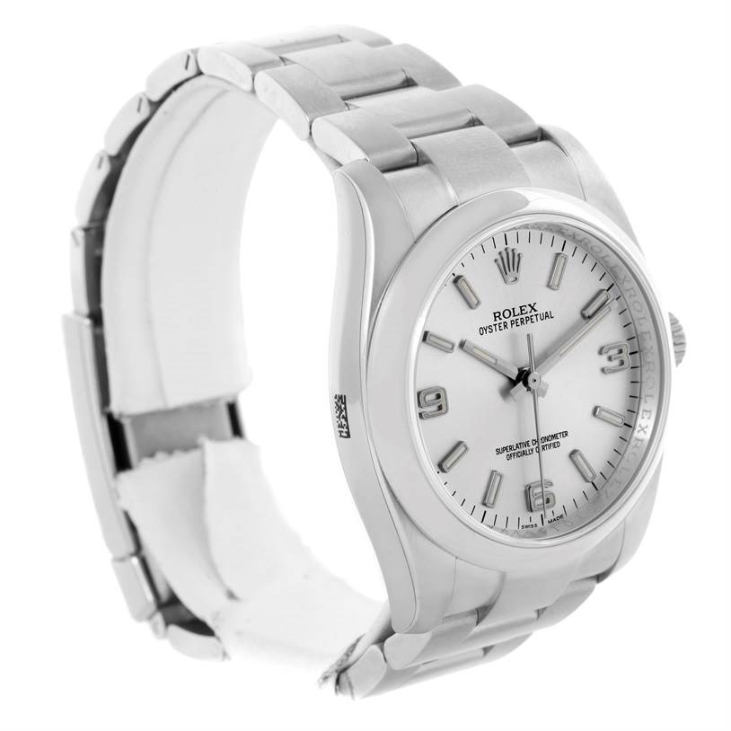The image shows a side view of the Rolex Oyster Perpetual 116000 Men's Stainless Steel Silver Dial 116000 Men's Stainless Steel Silver Dial watch, highlighting the silver bracelet and watch face.