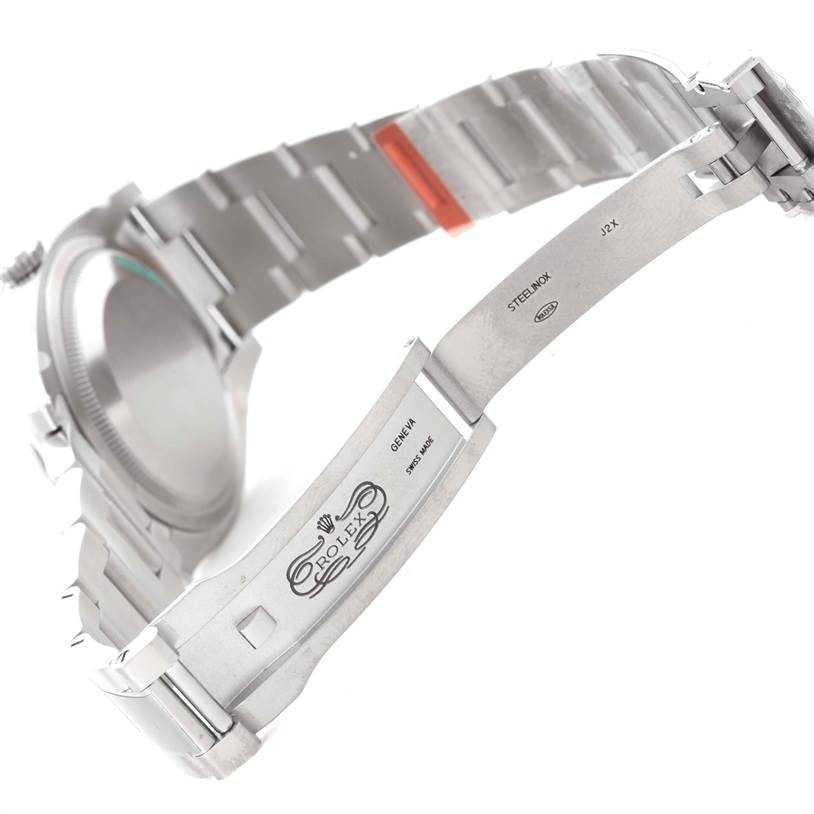 This image shows the side view of the clasp and partially opened silver bracelet on a Rolex Oyster Perpetual 116000 Men's Stainless Steel Silver Dial 116000 Men's Stainless Steel Silver Dial watch.