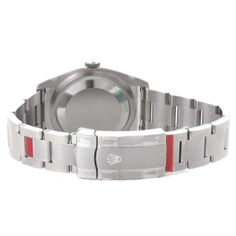 The image shows the back view of the Rolex Oyster Perpetual 116000 Men's Stainless Steel Silver Dial 116000 Men's Stainless Steel Silver Dial watch, focusing on the clasp and bracelet.