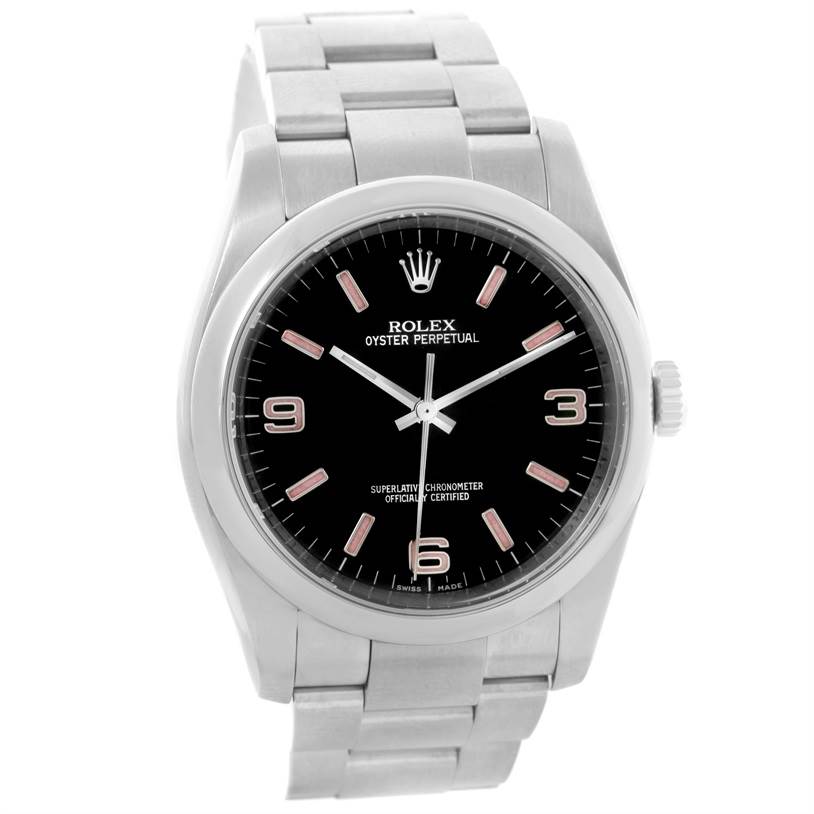 The image shows a front view of a Rolex Oyster Perpetual 116000 Men's Stainless Steel Black Dial 116000 Men's Stainless Steel Black Dial watch, displaying its face, bezel, and part of the band.