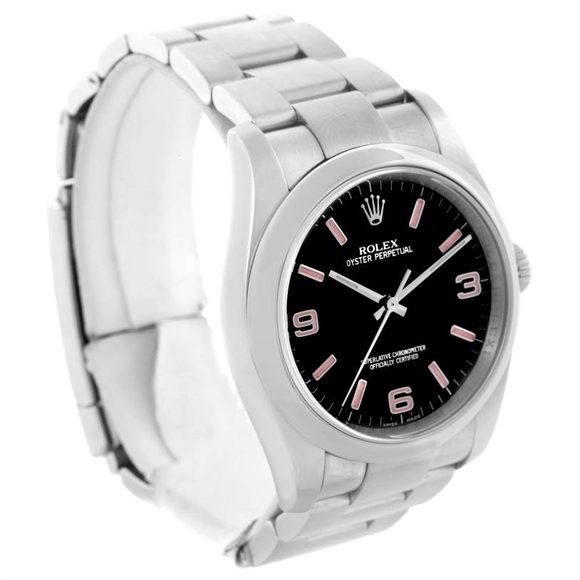 The image shows a front angle of a Rolex Oyster Perpetual 116000 Men's Stainless Steel Black Dial 116000 Men's Stainless Steel Black Dial watch displaying its face, bezel, and bracelet.