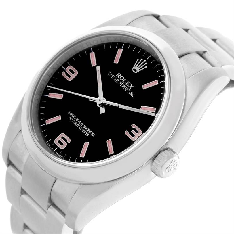 The image shows a close-up side angle of a Rolex Oyster Perpetual 116000 Men's Stainless Steel Black Dial 116000 Men's Stainless Steel Black Dial watch, highlighting its face, bezel, crown, and bracelet.