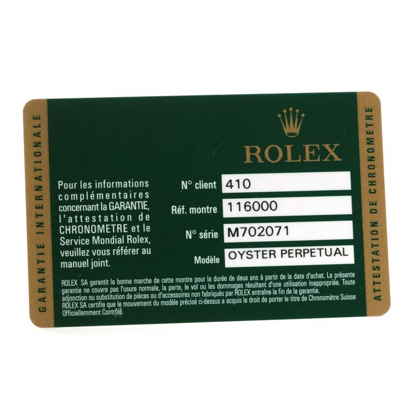 This image shows the warranty card for a Rolex Oyster Perpetual 116000 Men's Stainless Steel Black Dial 116000 Men's Stainless Steel Black Dial watch, displaying reference, serial number, client number, and model name.