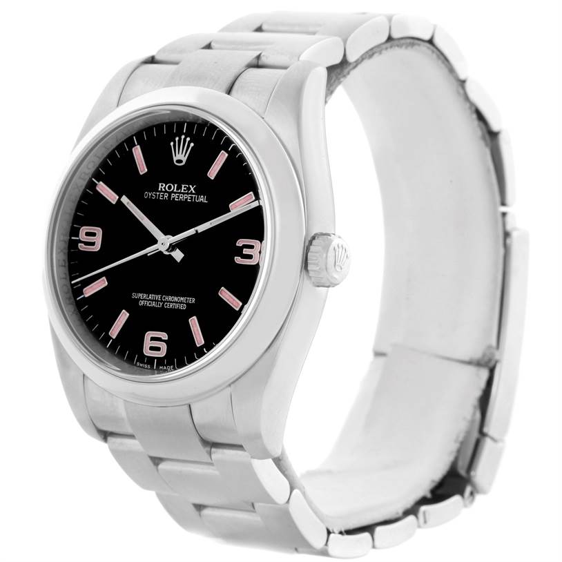 The image shows the front and side view of a Rolex Oyster Perpetual 116000 Men's Stainless Steel Black Dial 116000 Men's Stainless Steel Black Dial watch, highlighting its face, bezel, case, and bracelet.