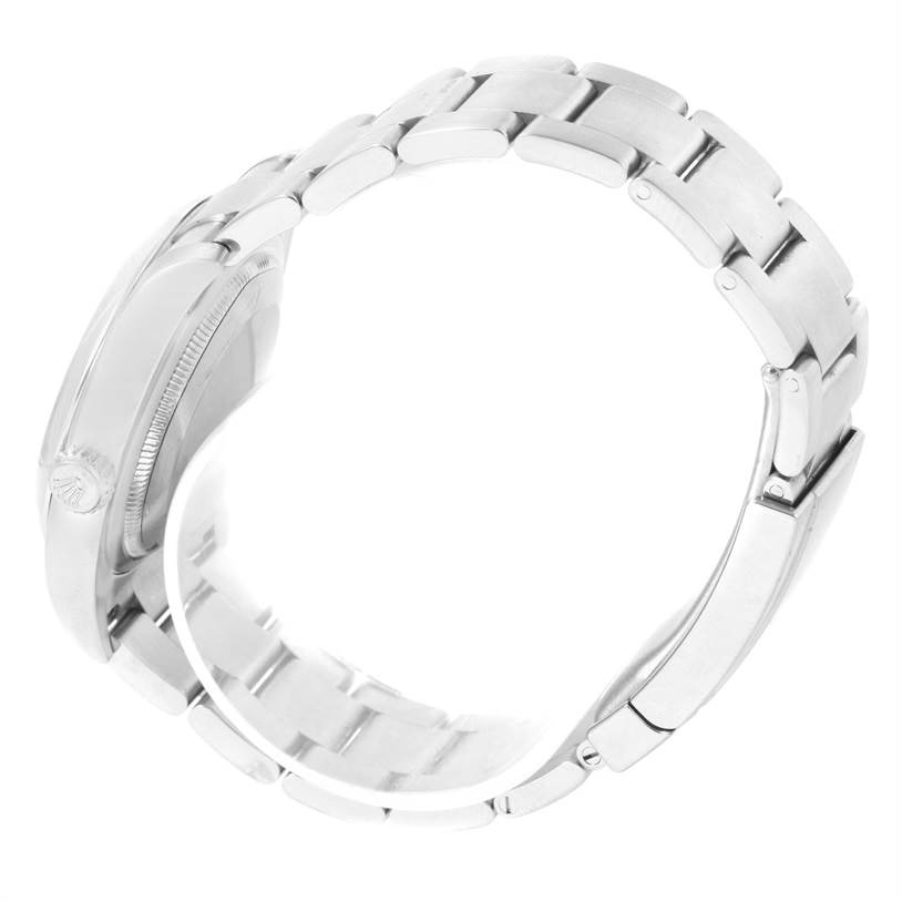 This image displays a side view of the Rolex Oyster Perpetual 116000 Men's Stainless Steel Black Dial 116000 Men's Stainless Steel Black Dial watch, showcasing its stainless steel bracelet and clasp.