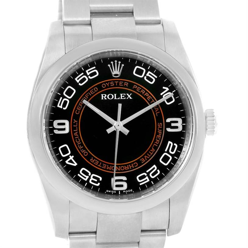 This image shows a front view of a Rolex Oyster Perpetual 116000 Men's Stainless Steel Black Dial 116000 Men's Stainless Steel Black Dial watch, highlighting the dial, bezel, and part of the bracelet.