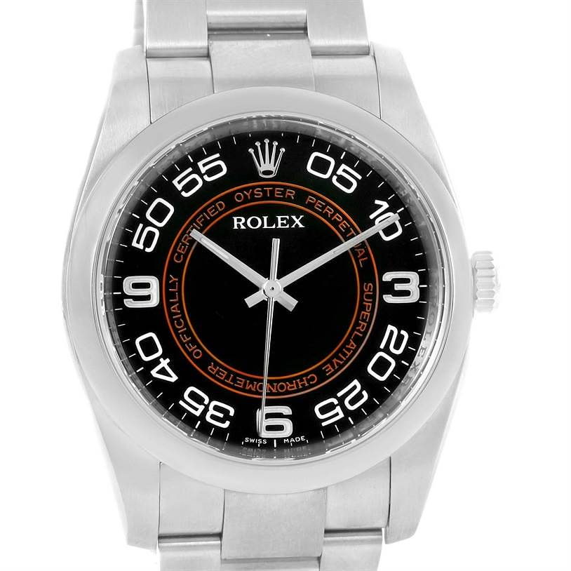 This image shows a front view of a Rolex Oyster Perpetual watch, highlighting the dial, bezel, and part of the bracelet.