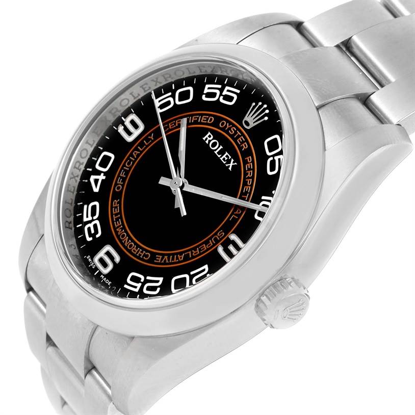 The image shows a close-up, angled view of the Rolex Oyster Perpetual 116000 Men's Stainless Steel Black Dial 116000 Men's Stainless Steel Black Dial watch, highlighting the face, bezel, and part of the bracelet.