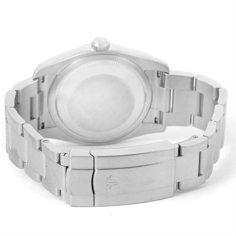 This image shows the back view of a Rolex Oyster Perpetual 116000 Men's Stainless Steel Black Dial 116000 Men's Stainless Steel Black Dial watch, focusing on the case back, bracelet, and clasp with the Rolex logo.