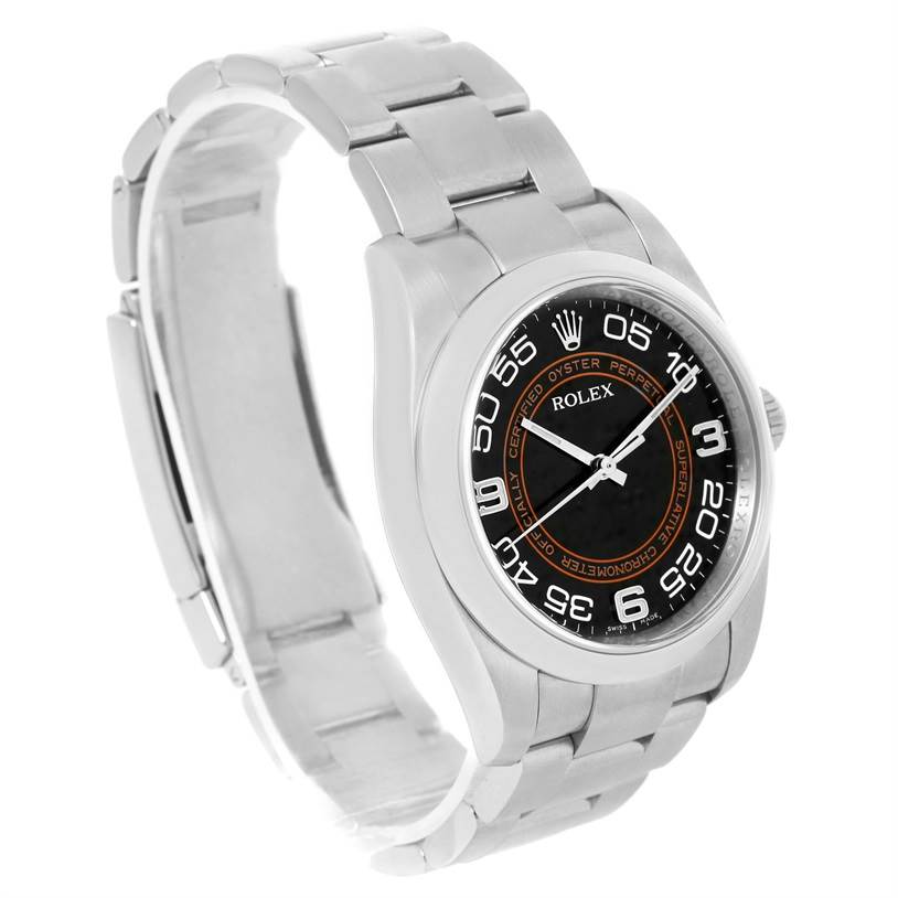 The Rolex Oyster Perpetual 116000 Men's Stainless Steel Black Dial 116000 Men's Stainless Steel Black Dial watch is shown at an oblique angle, highlighting the face, band, and bezel.