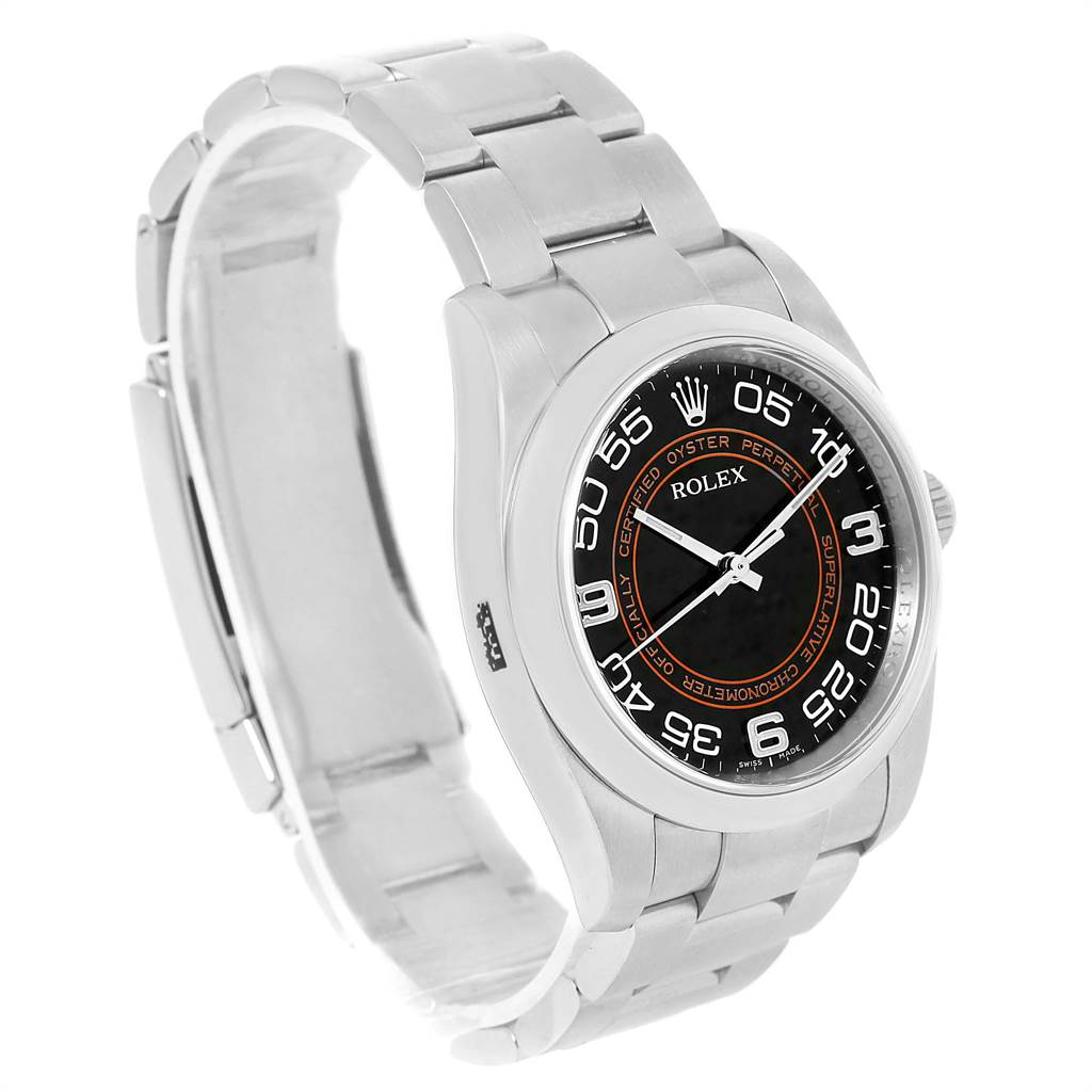 The image shows a side profile of a Rolex Oyster Perpetual 116000 Men's Stainless Steel Black Dial 116000 Men's Stainless Steel Black Dial watch, focusing on the dial and bracelet.