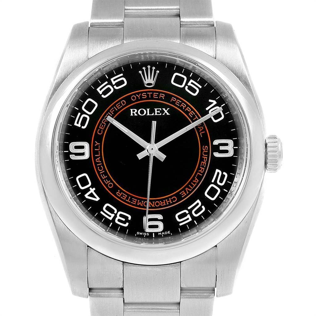 The image displays a front view of the Rolex Oyster Perpetual 116000 Men's Stainless Steel Black Dial 116000 Men's Stainless Steel Black Dial watch, highlighting its dial, hands, bezel, and part of the bracelet.