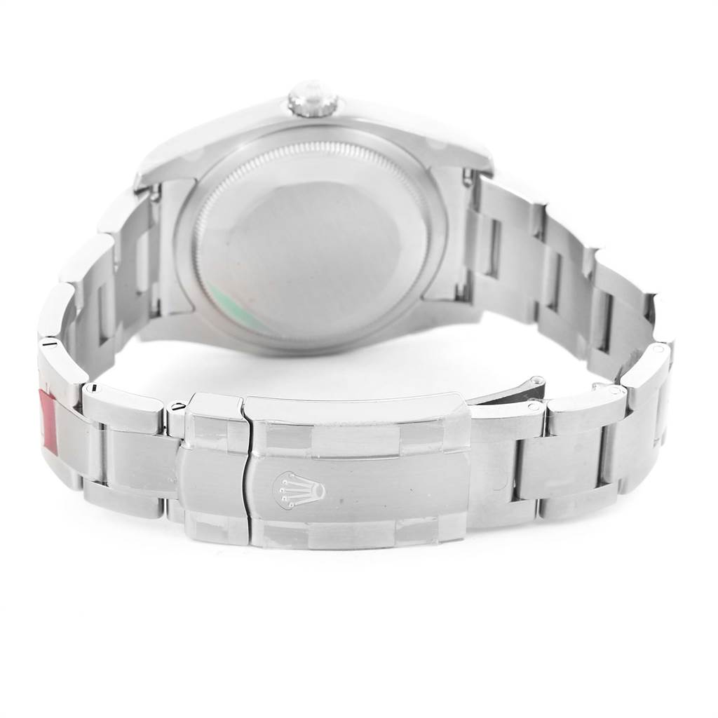 The image shows the back view of a Rolex Oyster Perpetual 116000 Men's Stainless Steel Black Dial 116000 Men's Stainless Steel Black Dial watch, highlighting the clasp and bracelet.