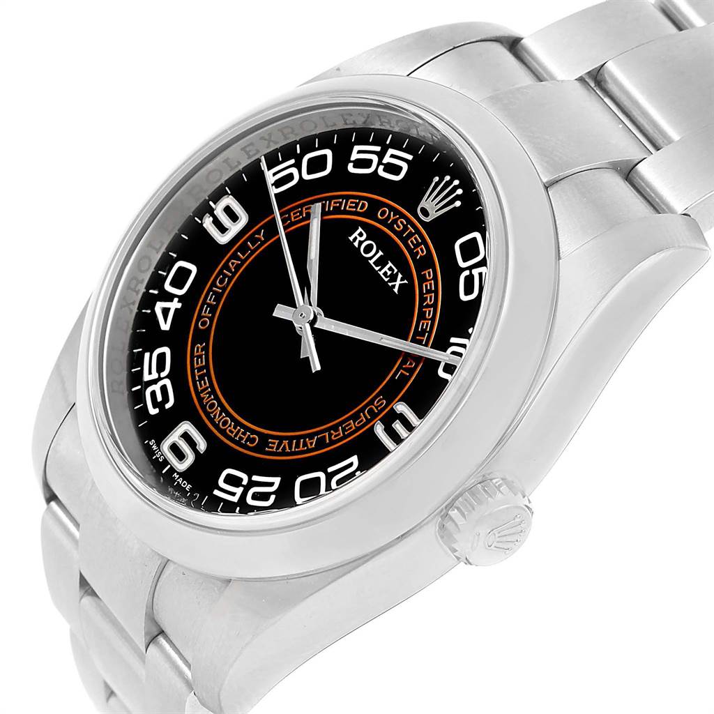 The image shows a Rolex Oyster Perpetual 116000 Men's Stainless Steel Black Dial 116000 Men's Stainless Steel Black Dial watch at an angled side view, highlighting the bezel, dial, and part of the bracelet.